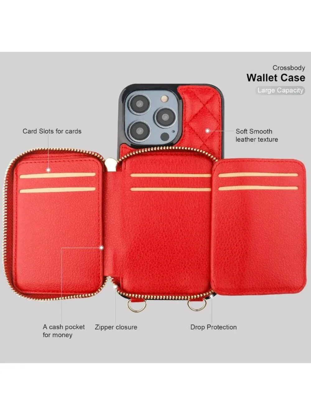 Stylish Red Crossbody Wallet Case & Card Holder for iPhone 14 Pro Max